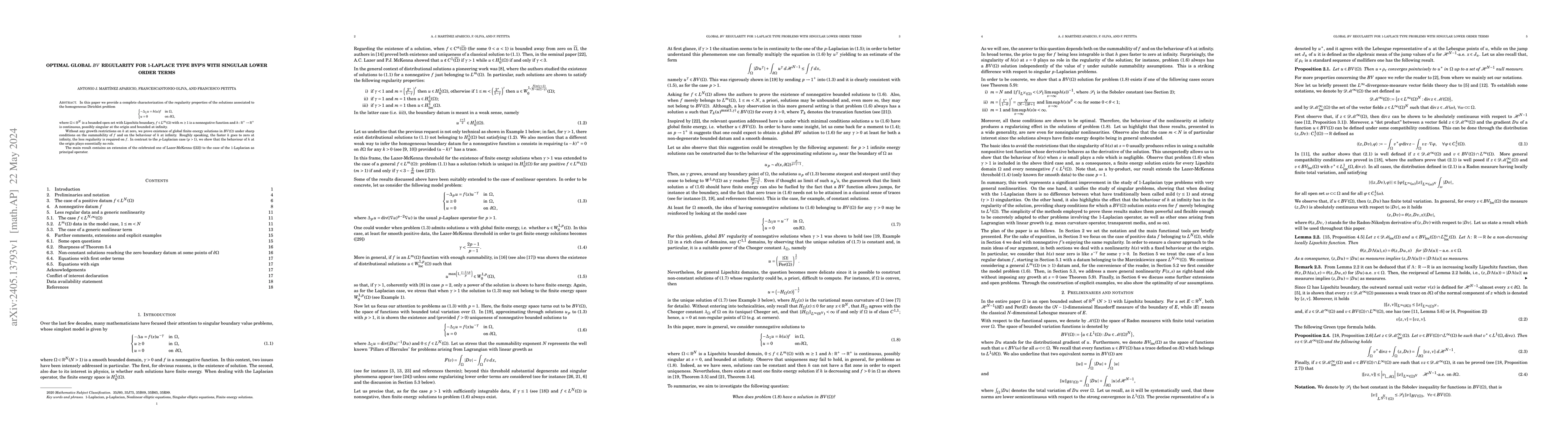 Thumbnail for Optimal global $BV$ regularity for 1-Laplace type BVP's with singular
  lower order terms