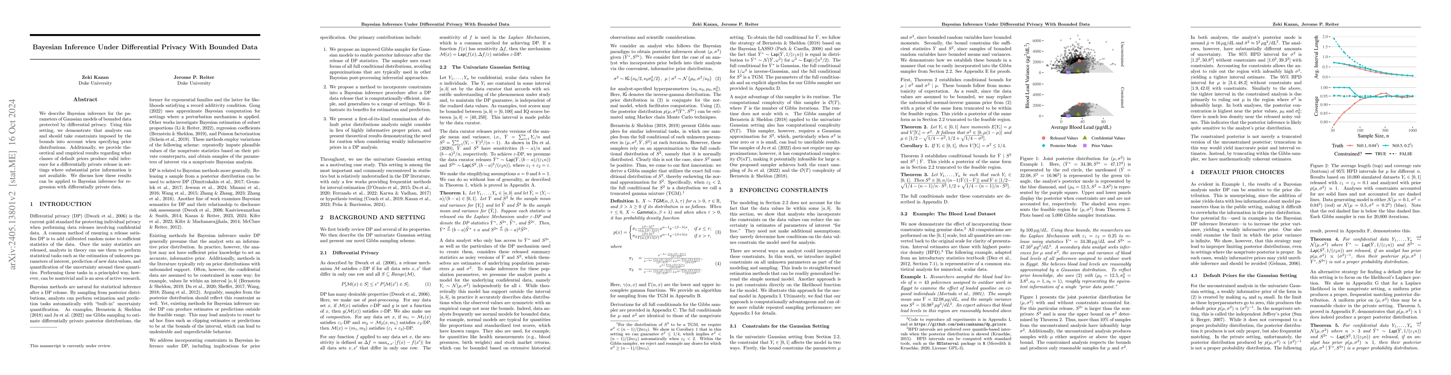 Thumbnail for Bayesian Inference Under Differential Privacy: Prior Selection
  Considerations with Application to Univariate Gaussian Data and Regression