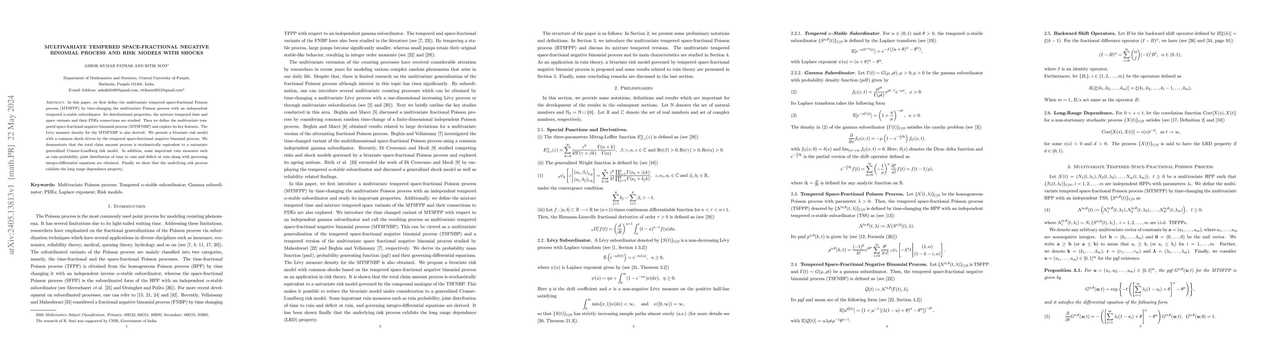 Thumbnail for Multivariate Tempered Space-Fractional Negative Binomial Process and
  Risk Models with Shocks