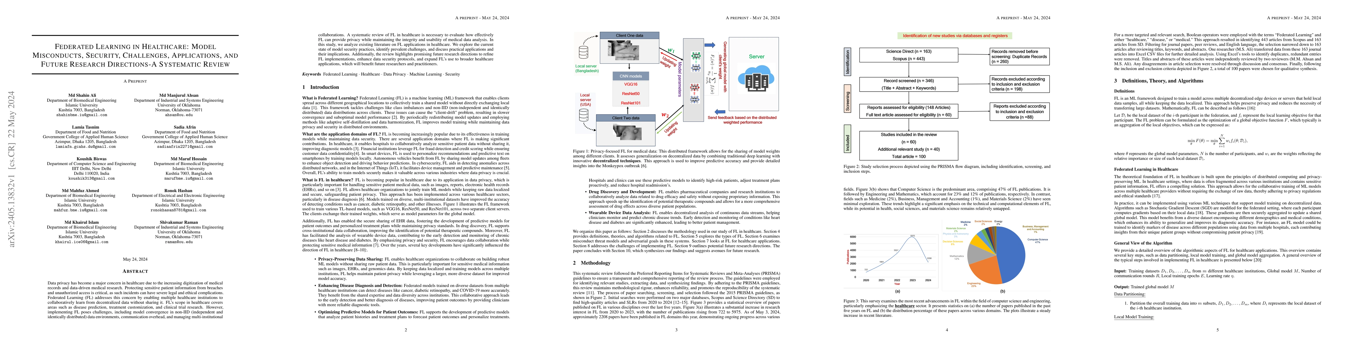 Thumbnail for Federated Learning in Healthcare: Model Misconducts, Security,
  Challenges, Applications, and Future Research Directions -- A Systematic
  Review