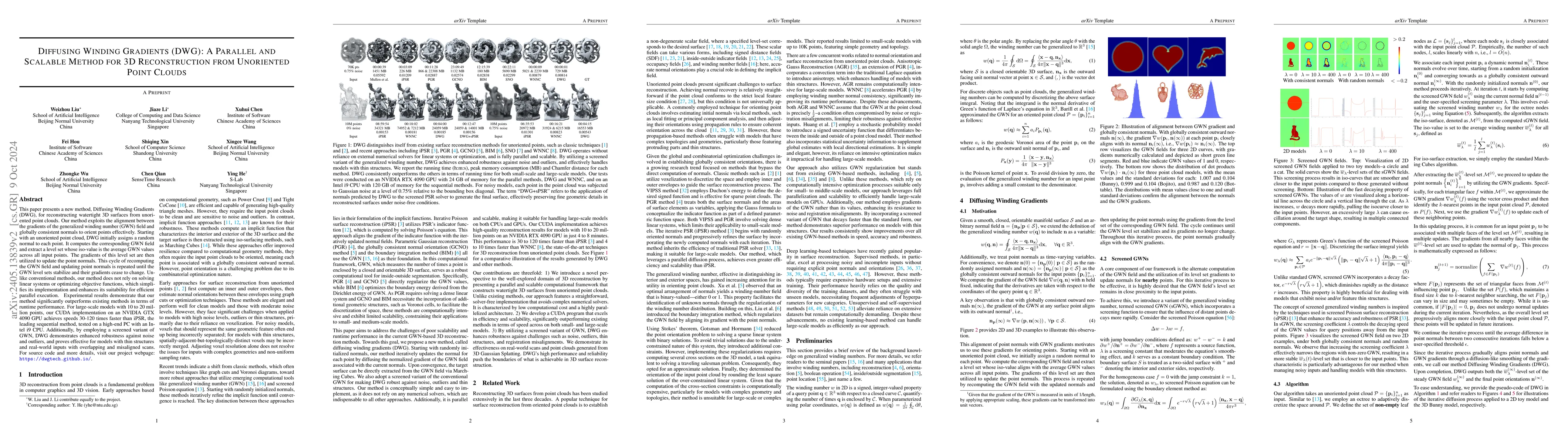 Thumbnail for Diffusing Winding Gradients (DWG): A Parallel and Scalable Method for 3D
  Reconstruction from Unoriented Point Clouds
