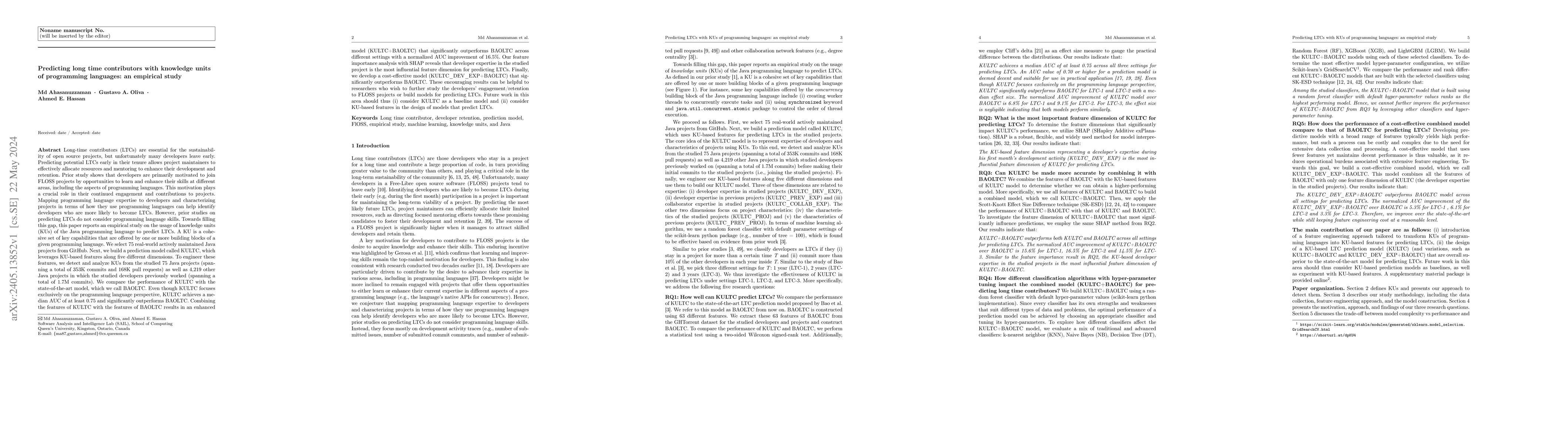 Thumbnail for Predicting long time contributors with knowledge units of programming
  languages: an empirical study