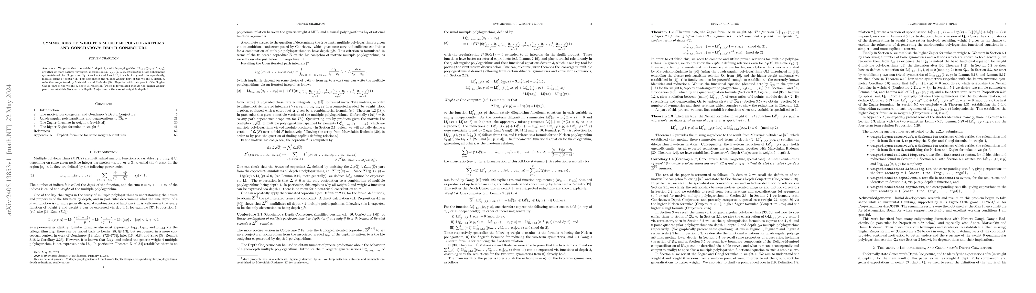 Thumbnail for Symmetries of weight 6 multiple polylogarithms and Goncharov's Depth
  Conjecture