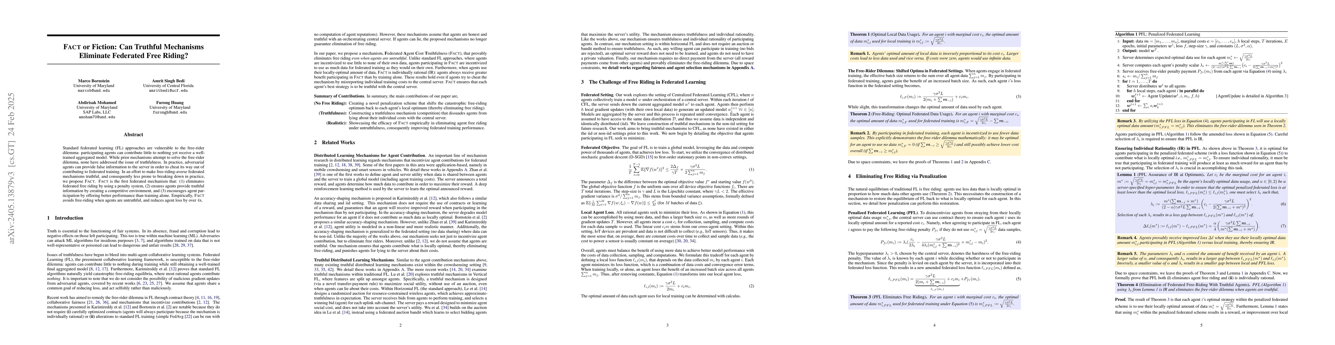 Thumbnail for FACT or Fiction: Can Truthful Mechanisms Eliminate Federated Free
  Riding?