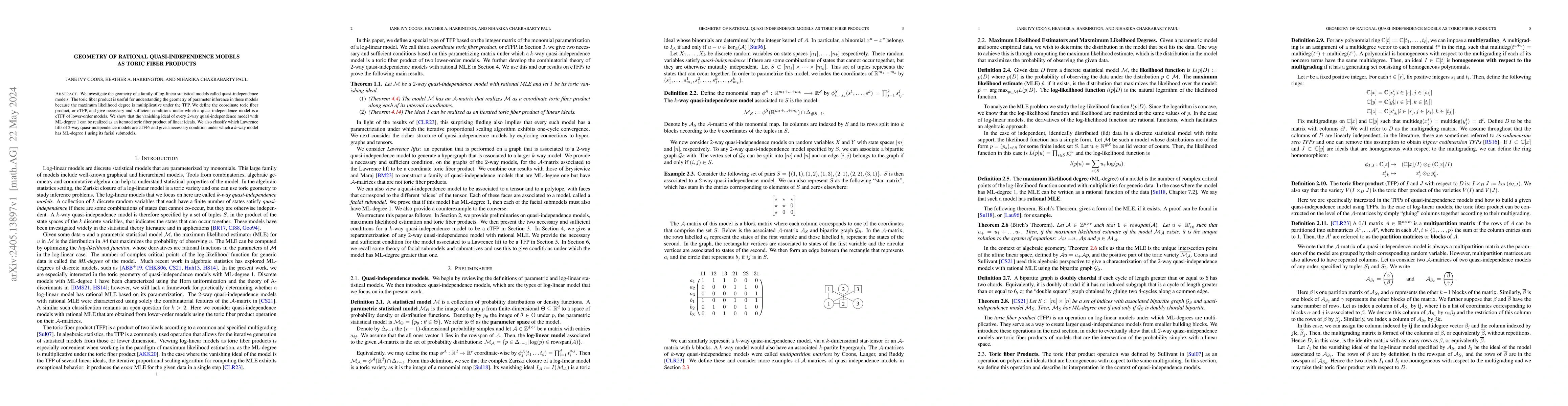 Thumbnail for Geometry of rational quasi-independence models as toric fiber products