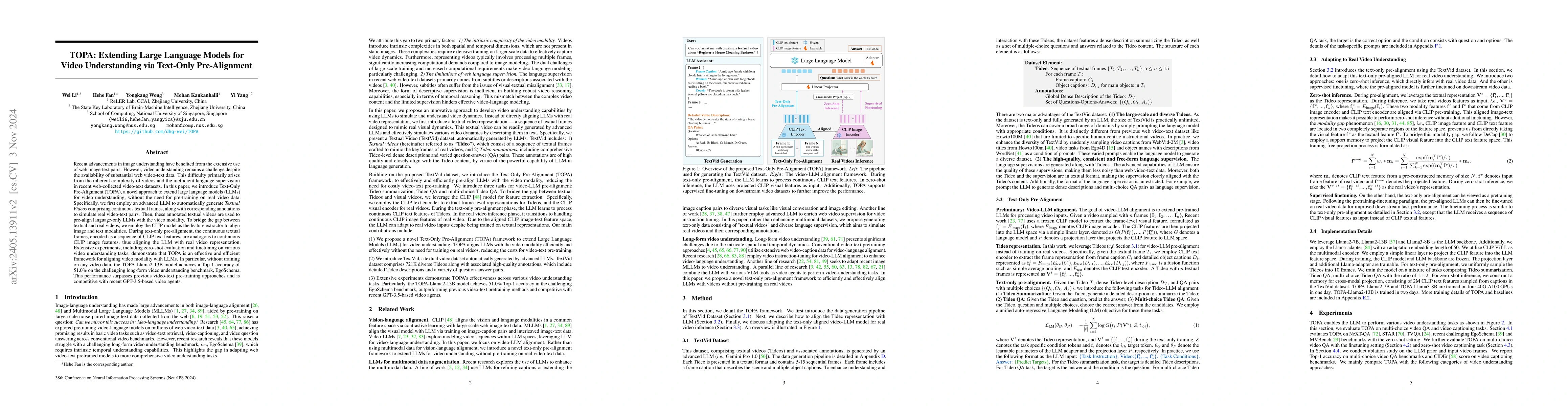 Thumbnail for TOPA: Extend Large Language Models for Video Understanding via Text-Only
  Pre-Alignment