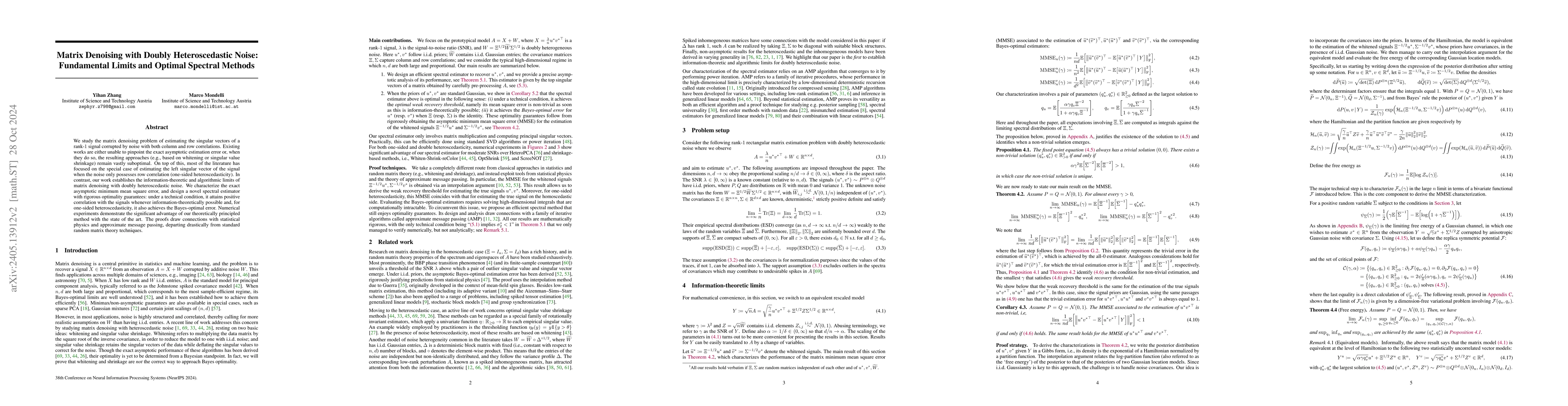 Thumbnail for Matrix Denoising with Doubly Heteroscedastic Noise: Fundamental Limits
  and Optimal Spectral Methods