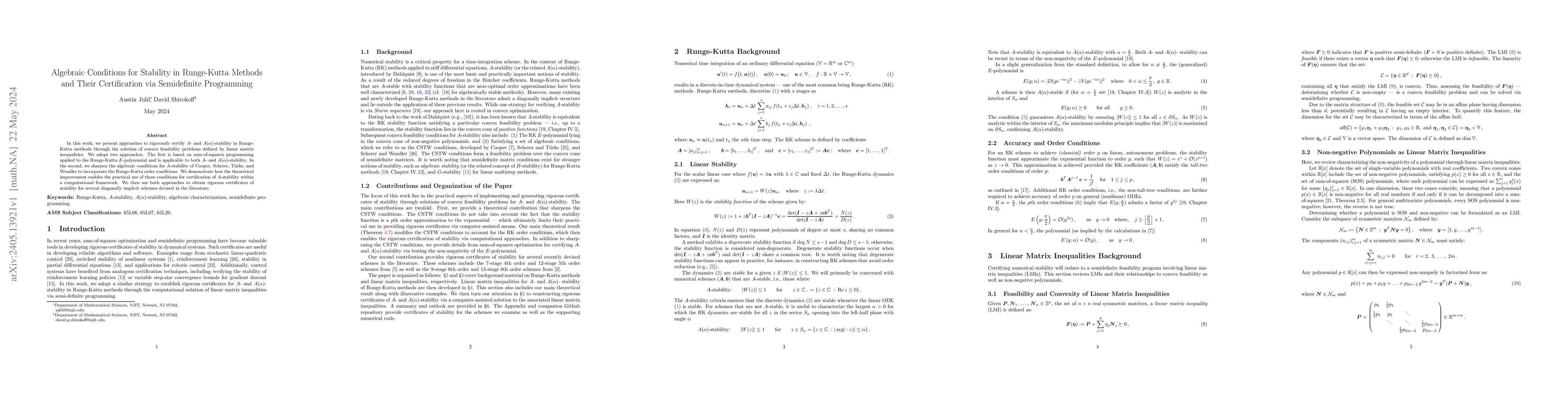 Thumbnail for Algebraic Conditions for Stability in Runge-Kutta Methods and Their
  Certification via Semidefinite Programming