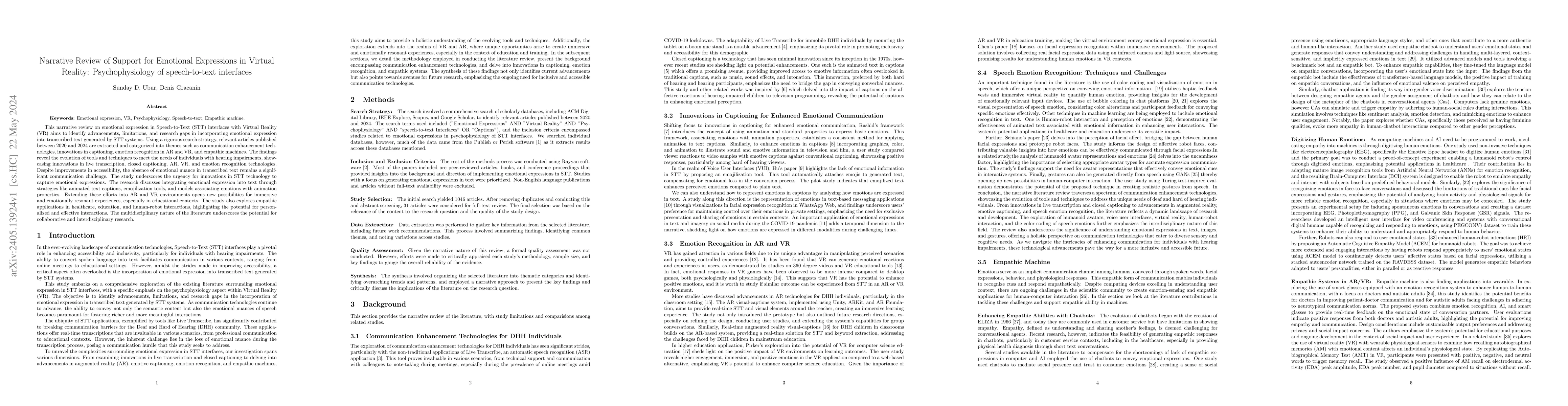 Thumbnail for Narrative Review of Support for Emotional Expressions in Virtual
  Reality: Psychophysiology of speech-to-text interfaces