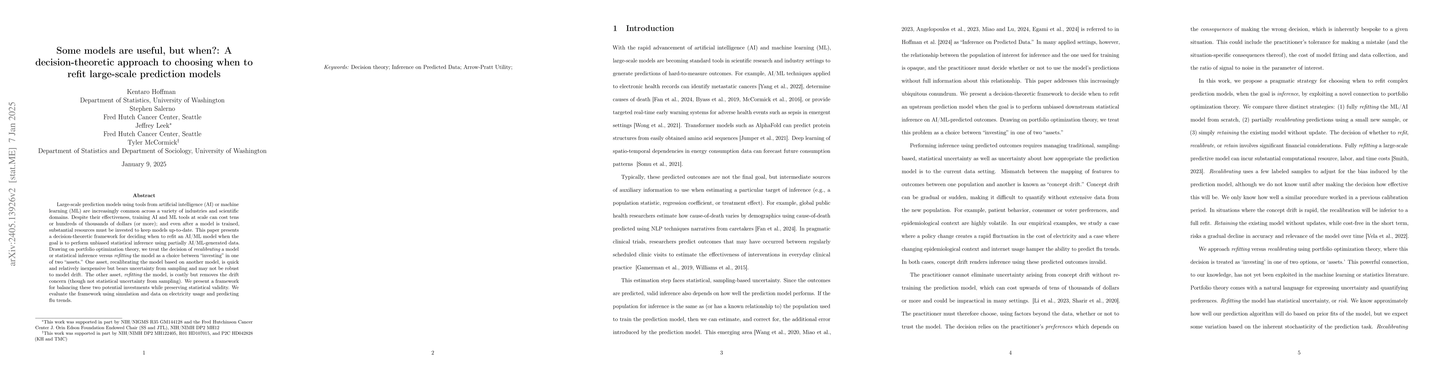 Thumbnail for Some models are useful, but for how long?: A decision theoretic approach
  to choosing when to refit large-scale prediction models