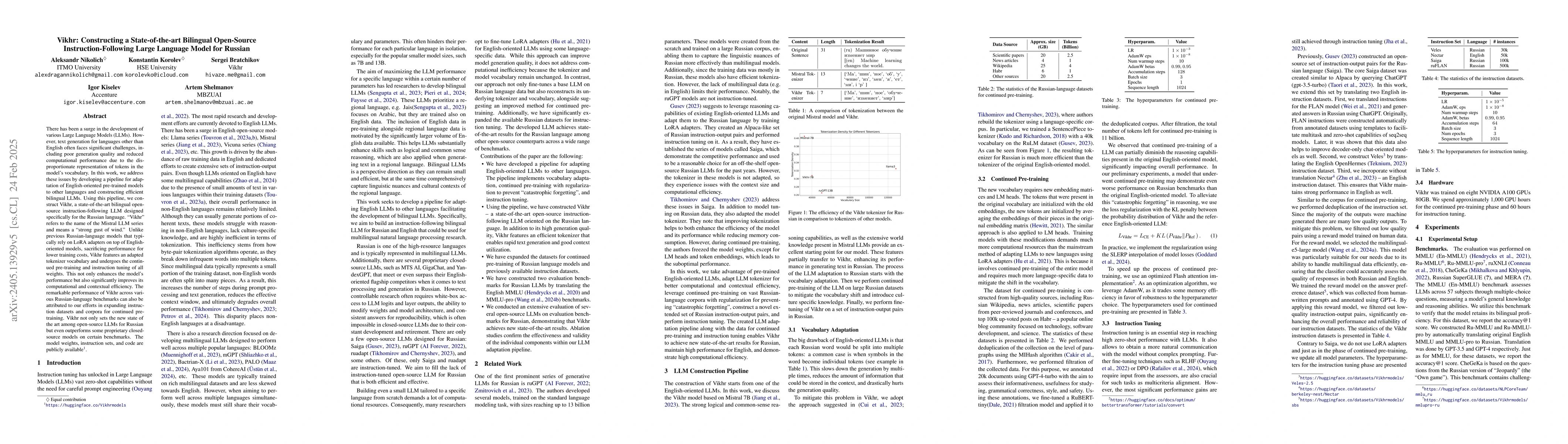 Thumbnail for Vikhr: The Family of Open-Source Instruction-Tuned Large Language Models
  for Russian