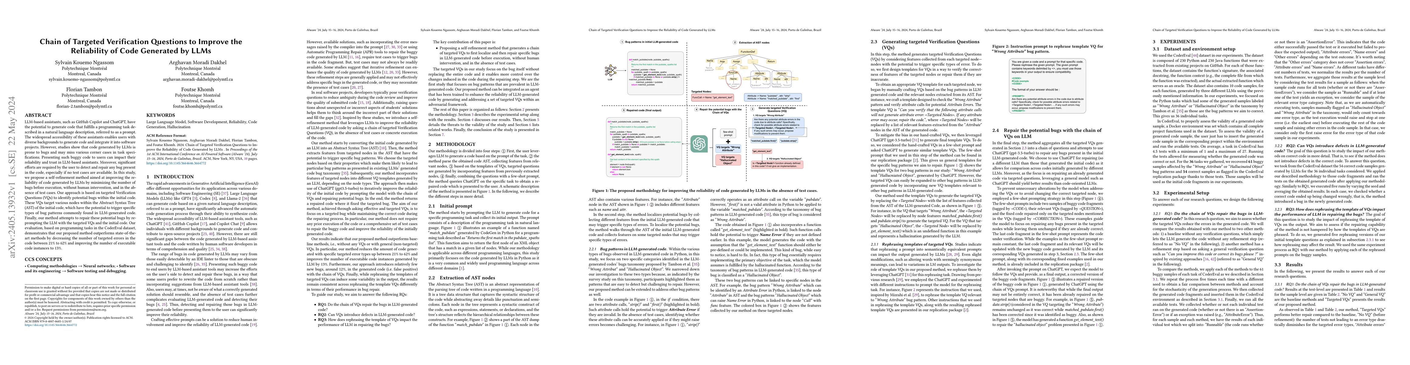 Thumbnail for Chain of Targeted Verification Questions to Improve the Reliability of
  Code Generated by LLMs