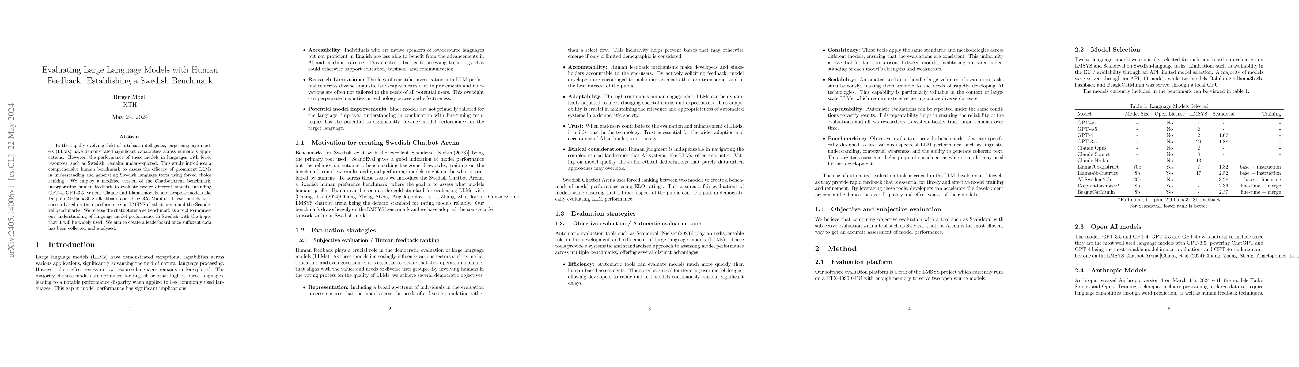 Thumbnail for Evaluating Large Language Models with Human Feedback: Establishing a
  Swedish Benchmark