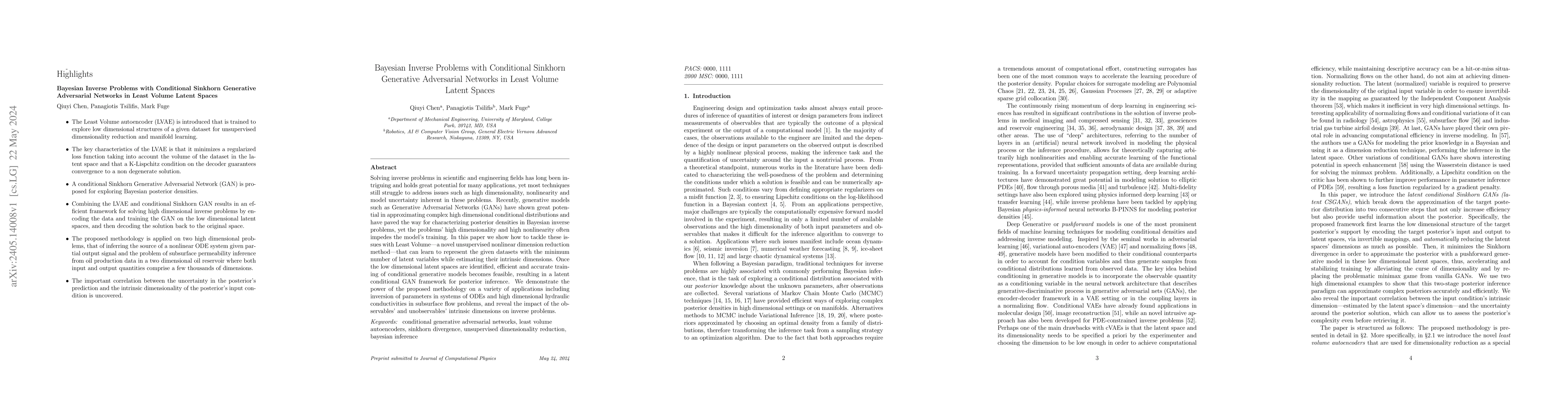 Thumbnail for Bayesian Inverse Problems with Conditional Sinkhorn Generative
  Adversarial Networks in Least Volume Latent Spaces