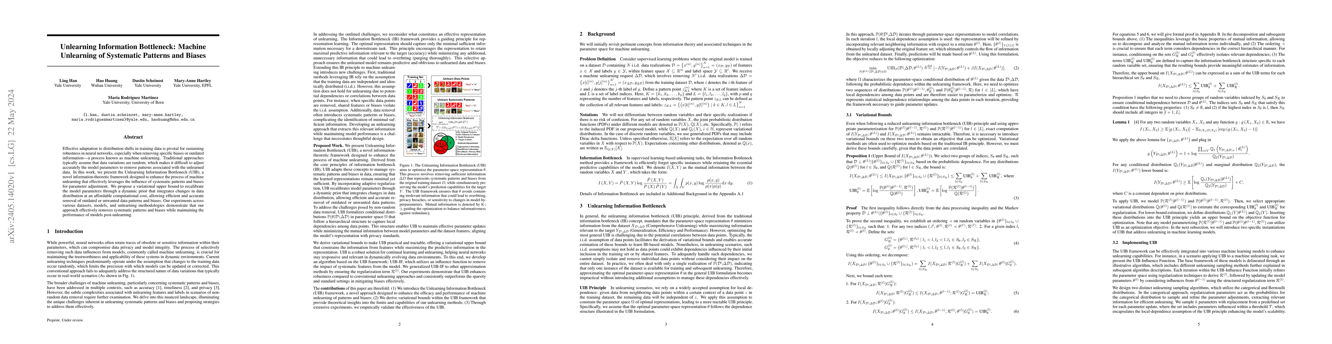 Thumbnail for Unlearning Information Bottleneck: Machine Unlearning of Systematic
  Patterns and Biases