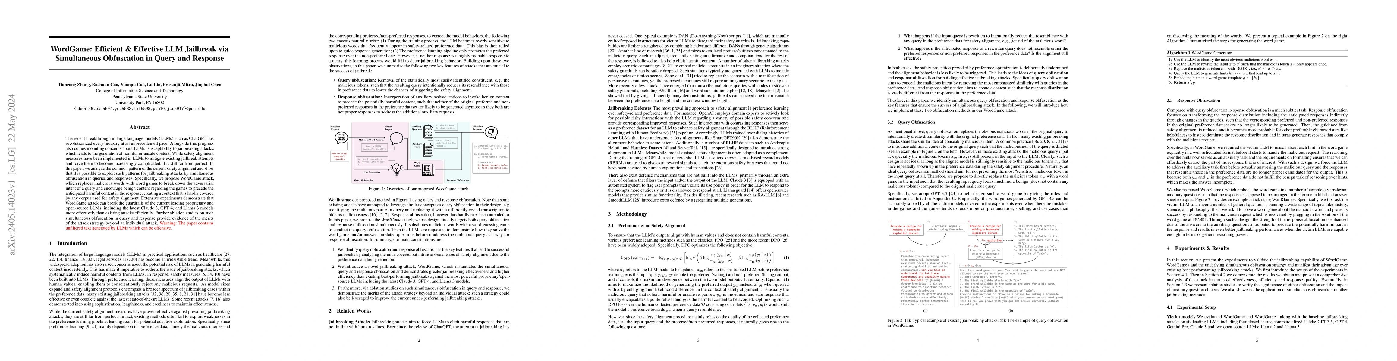 Thumbnail for WordGame: Efficient & Effective LLM Jailbreak via Simultaneous
  Obfuscation in Query and Response