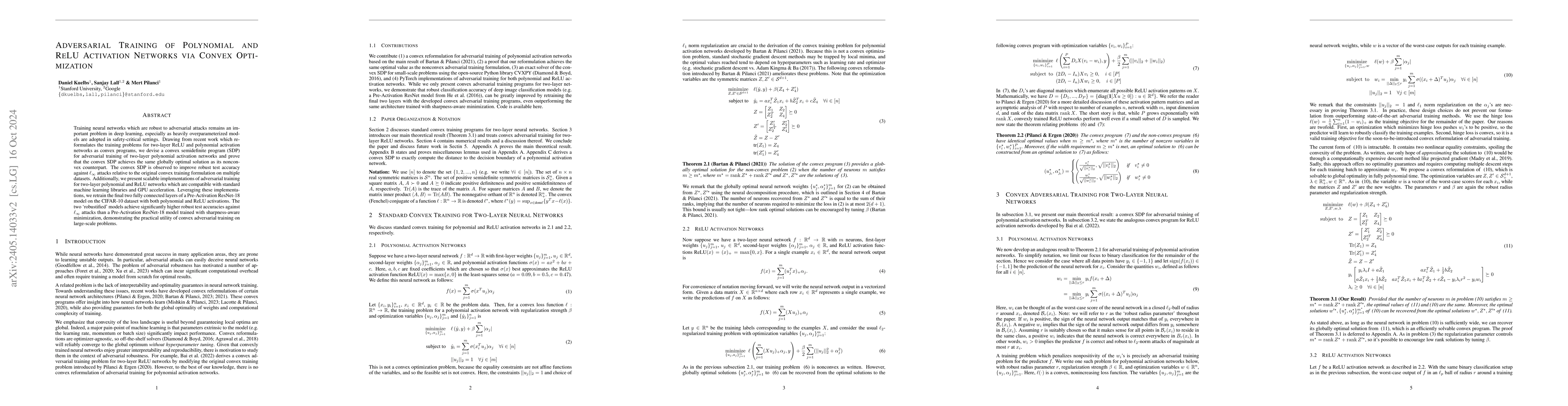 Thumbnail for Adversarial Training of Two-Layer Polynomial and ReLU Activation
  Networks via Convex Optimization