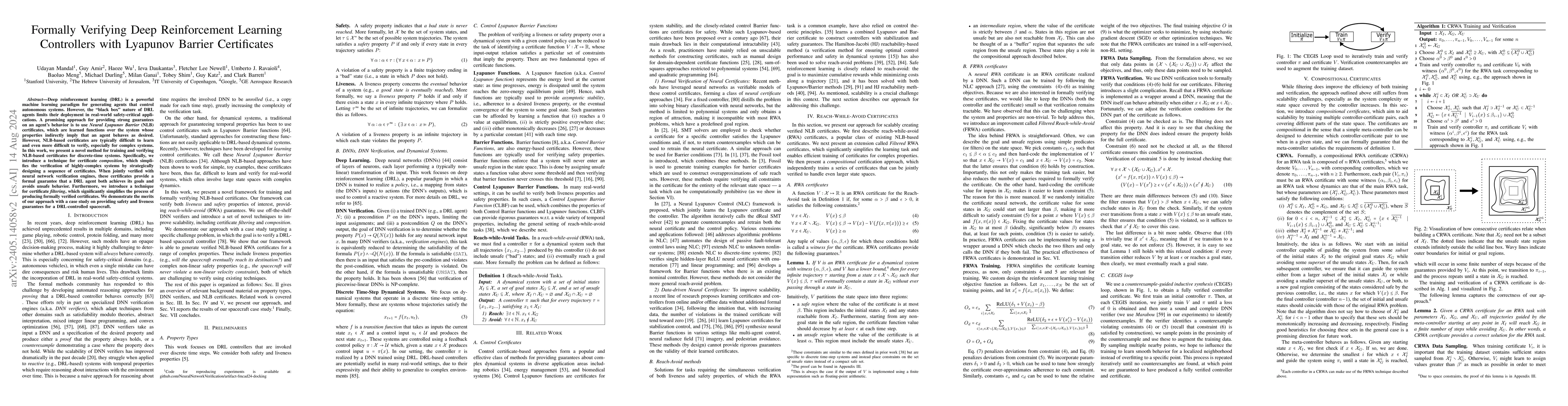 Thumbnail for Formally Verifying Deep Reinforcement Learning Controllers with Lyapunov
  Barrier Certificates