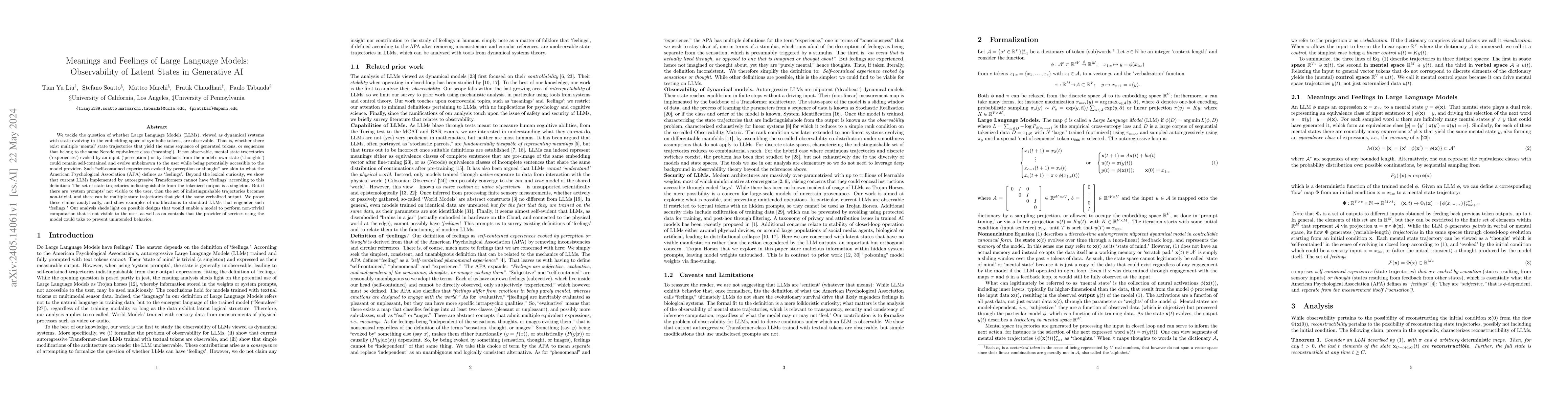 Thumbnail for Meanings and Feelings of Large Language Models: Observability of Latent
  States in Generative AI