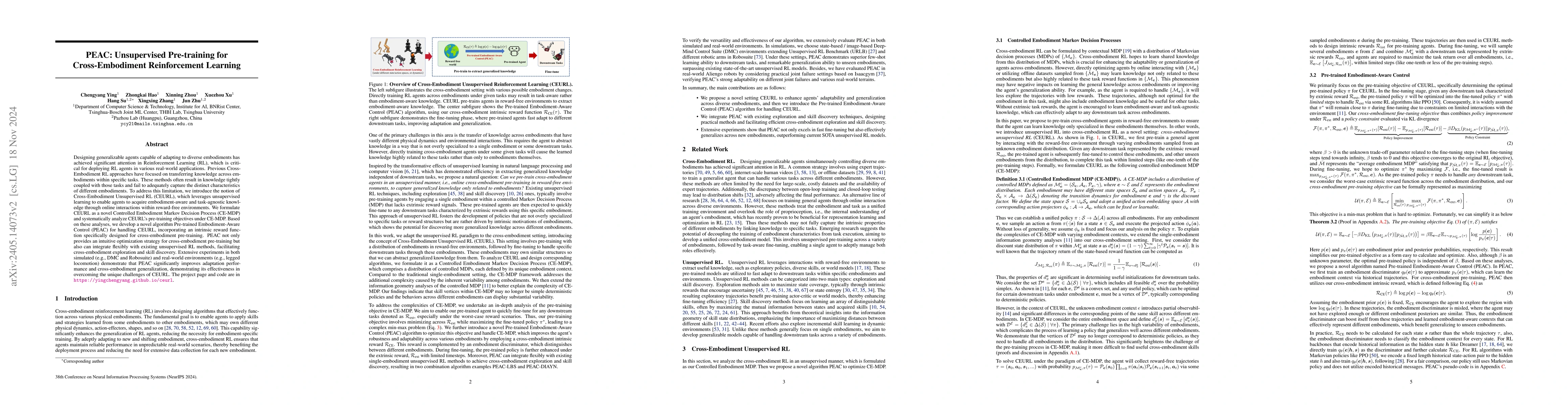 Thumbnail for PEAC: Unsupervised Pre-training for Cross-Embodiment Reinforcement
  Learning