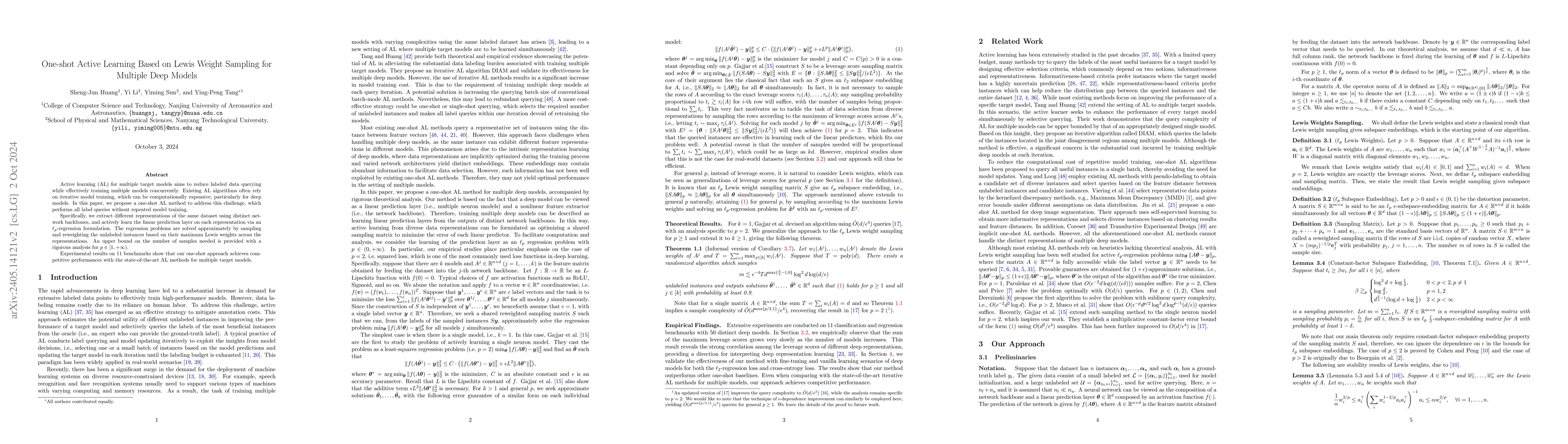 Thumbnail for One-shot Active Learning Based on Lewis Weight Sampling for Multiple
  Deep Models