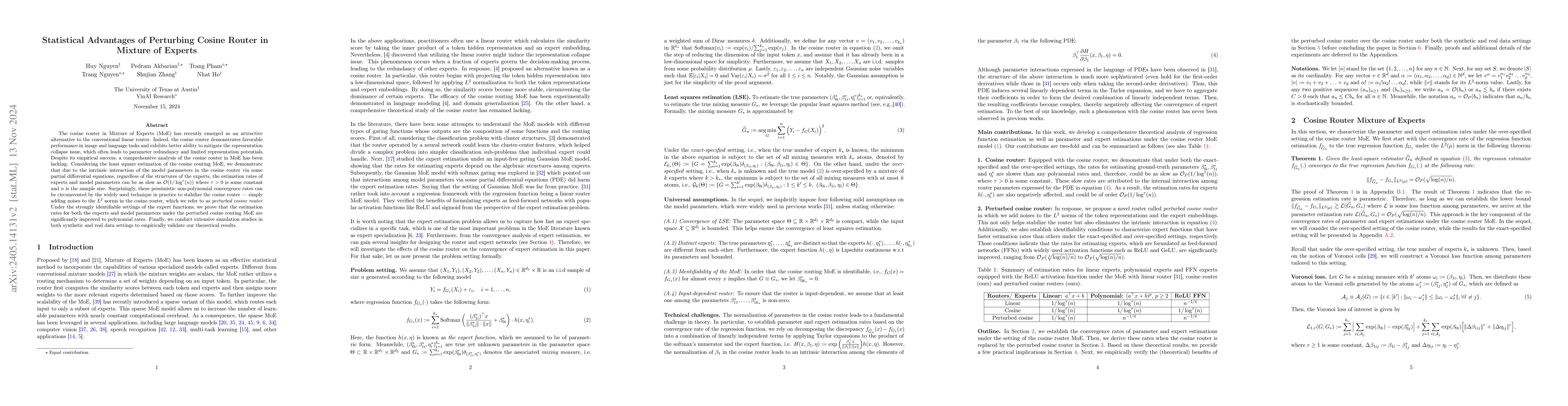 Thumbnail for Statistical Advantages of Perturbing Cosine Router in Sparse Mixture of
  Experts