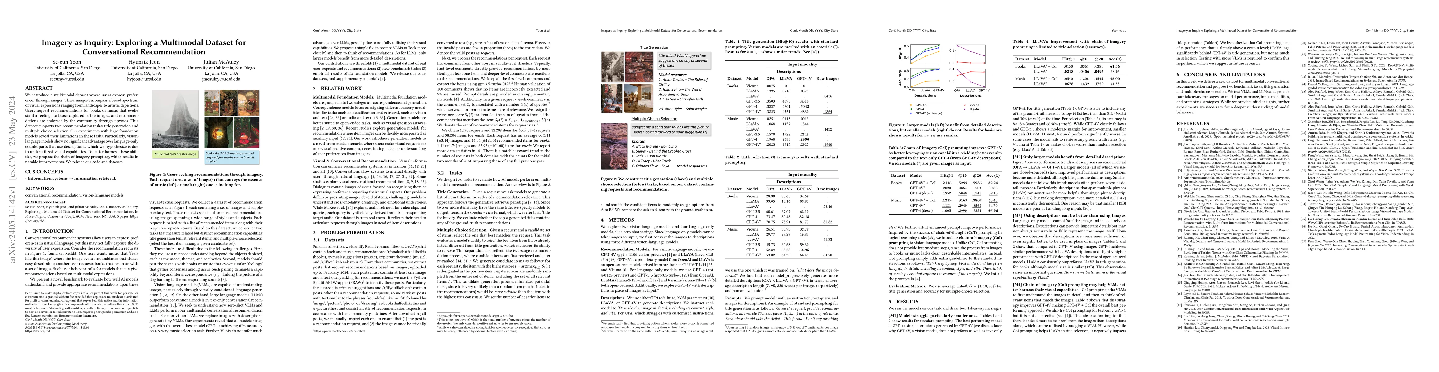 Thumbnail for Imagery as Inquiry: Exploring A Multimodal Dataset for Conversational
  Recommendation