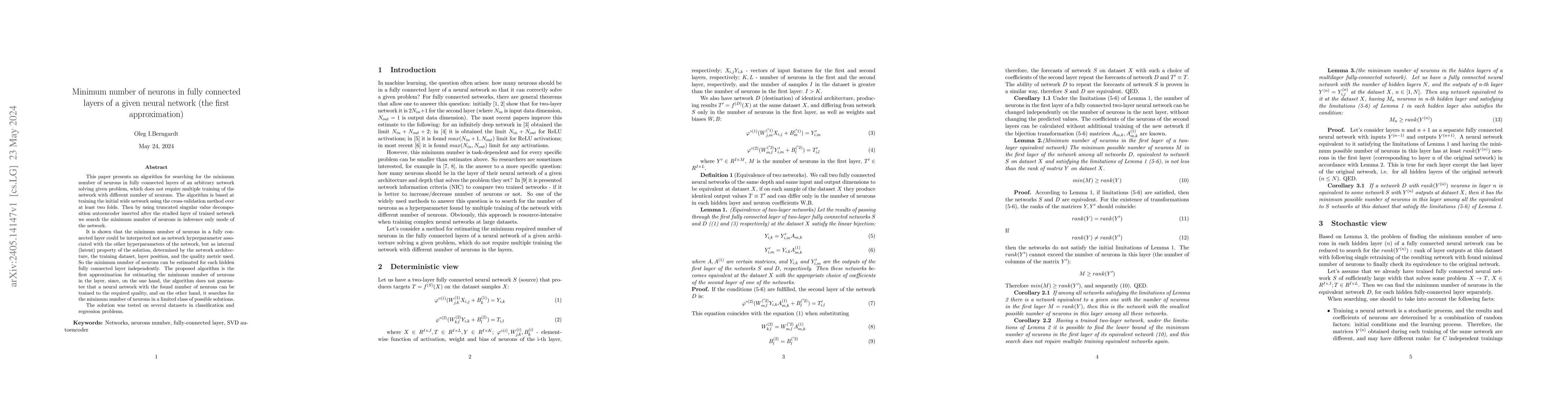 Thumbnail for Minimum number of neurons in fully connected layers of a given neural
  network (the first approximation)