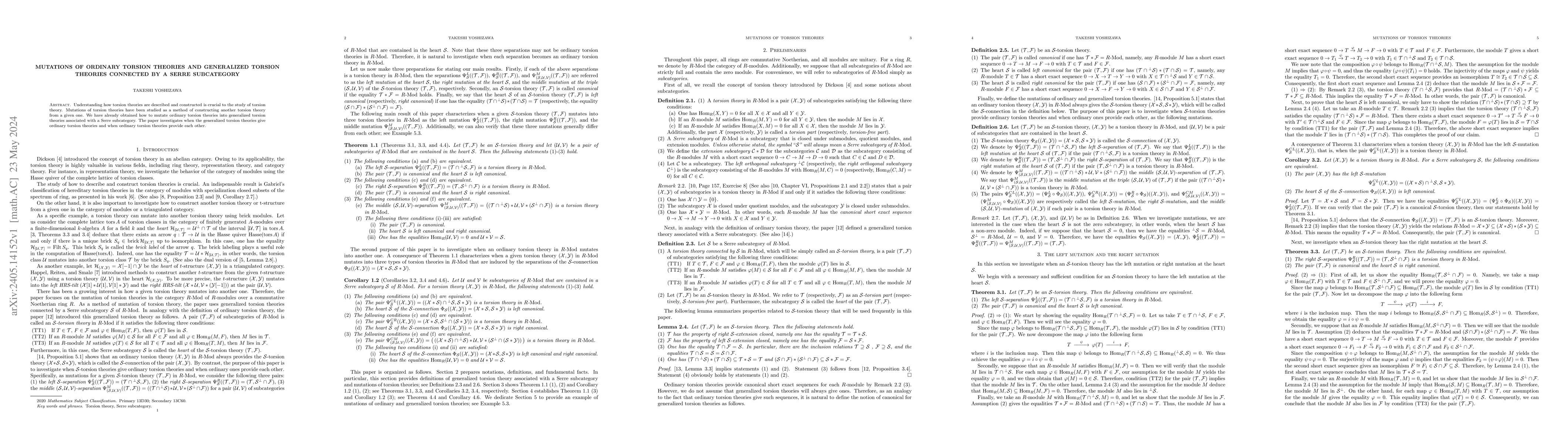 Thumbnail for Mutations of ordinary torsion theories and generalized torsion theories
  connected by a Serre subcategory