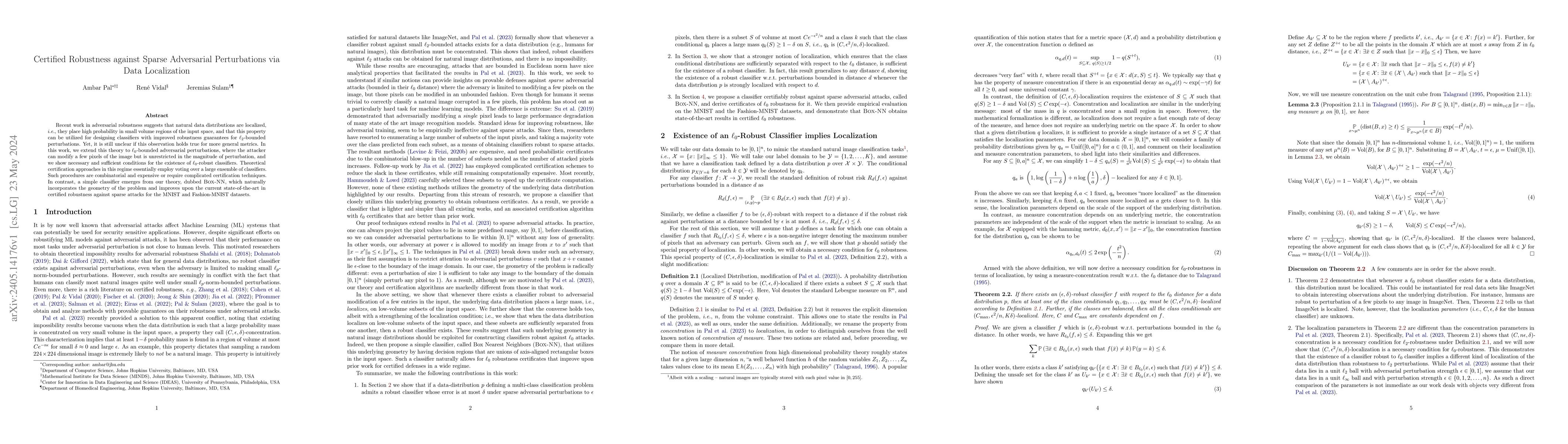Thumbnail for Certified Robustness against Sparse Adversarial Perturbations via Data
  Localization