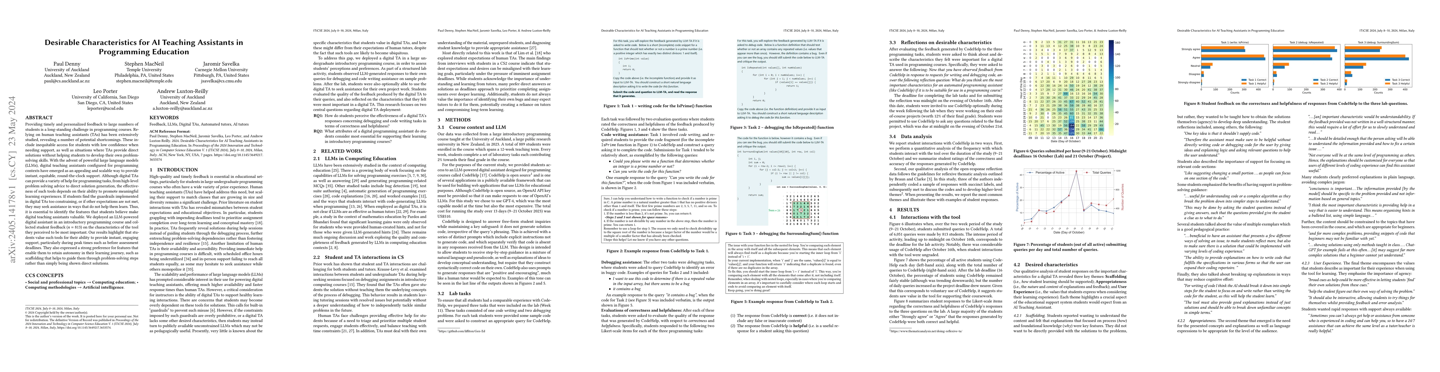 Thumbnail for Desirable Characteristics for AI Teaching Assistants in Programming
  Education