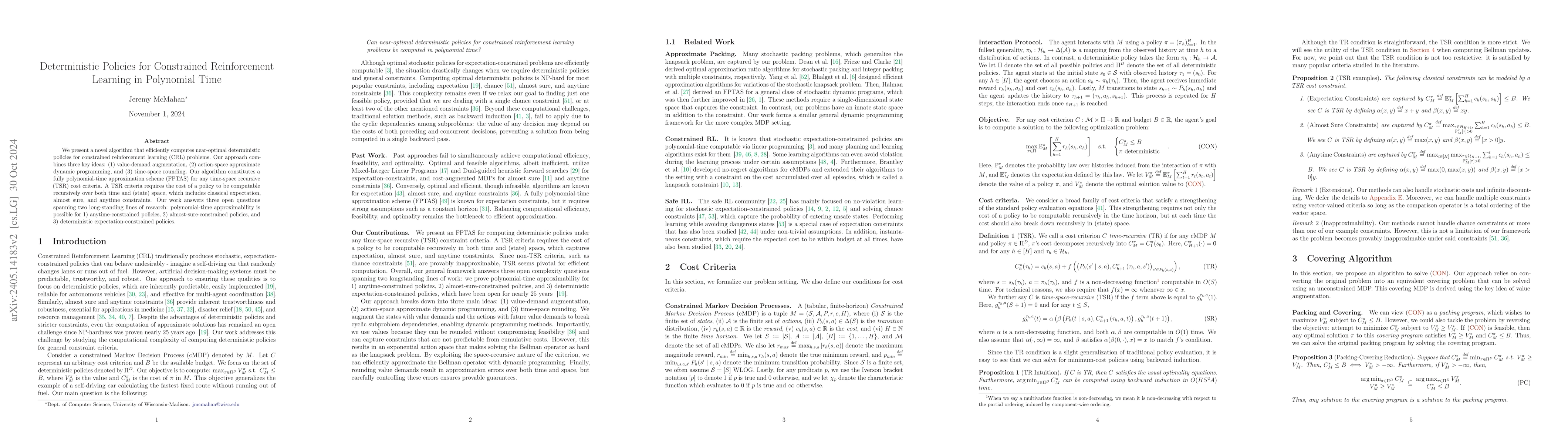Thumbnail for Deterministic Policies for Constrained Reinforcement Learning in
  Polynomial-Time
