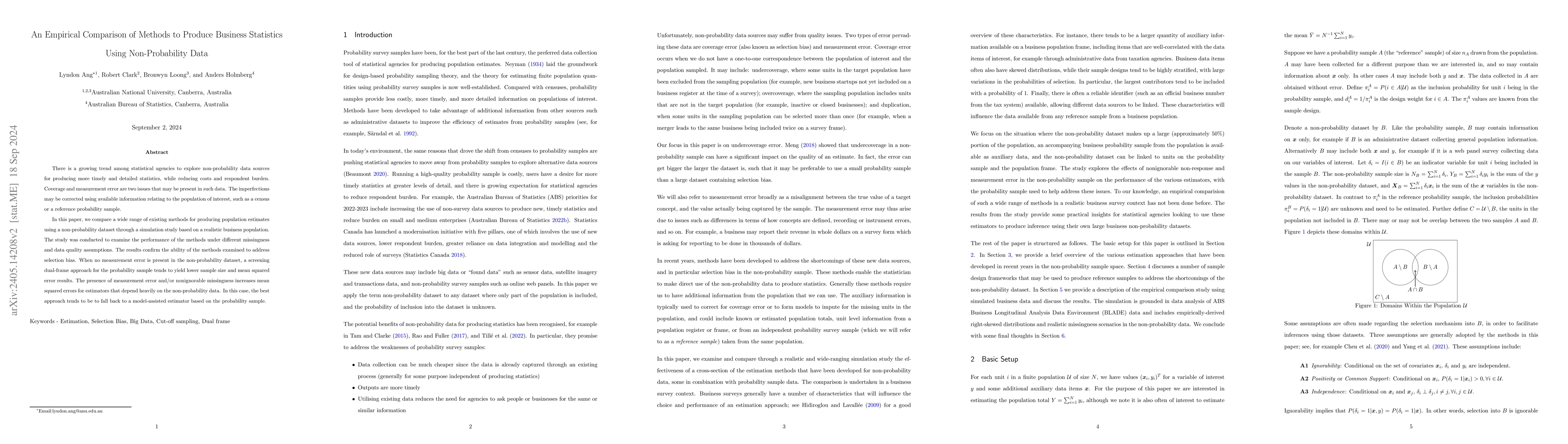 Thumbnail for An Empirical Comparison of Methods to Produce Business Statistics Using
  Non-Probability Data