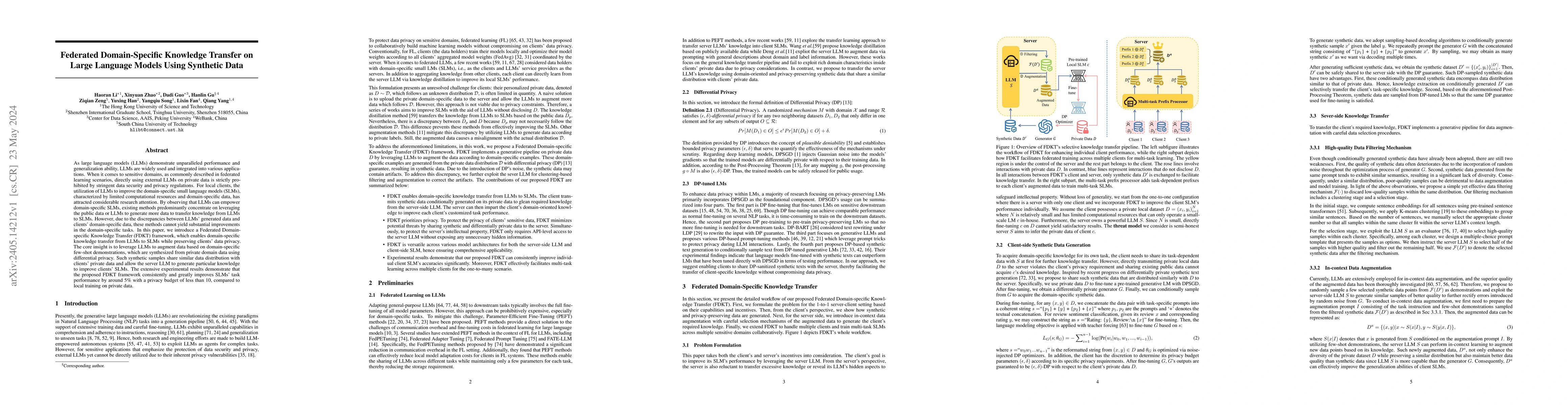Thumbnail for Federated Domain-Specific Knowledge Transfer on Large Language Models
  Using Synthetic Data