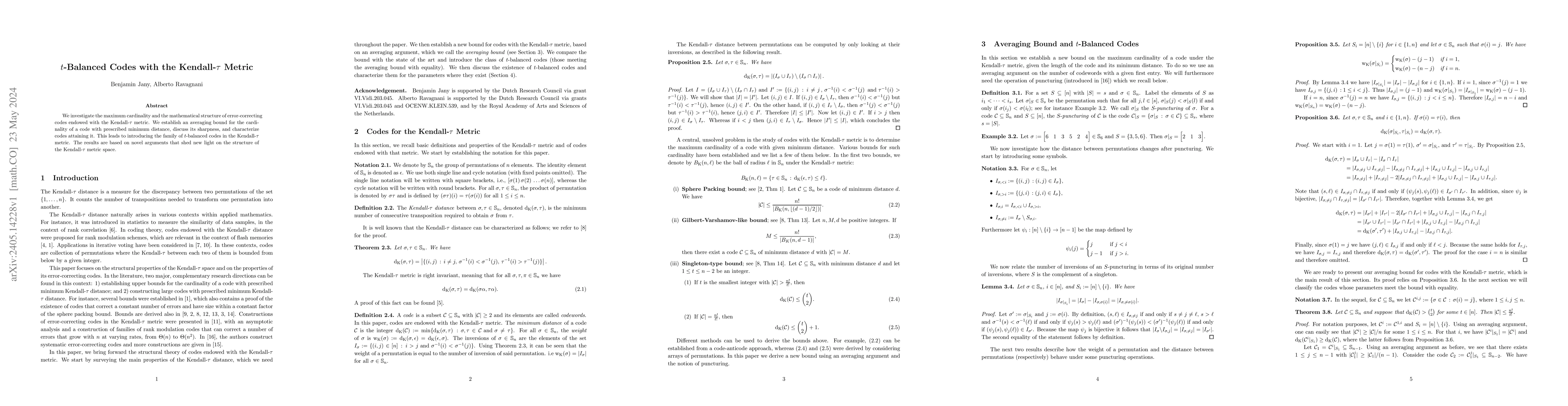Thumbnail for $t$-Balanced Codes with the Kendall-$\tau$ Metric