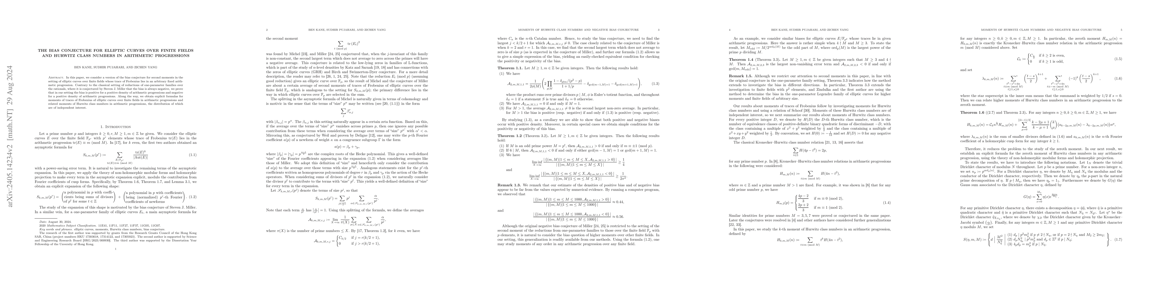 Thumbnail for The bias conjecture for elliptic curves over finite fields and Hurwitz
  class numbers in arithmetic progressions