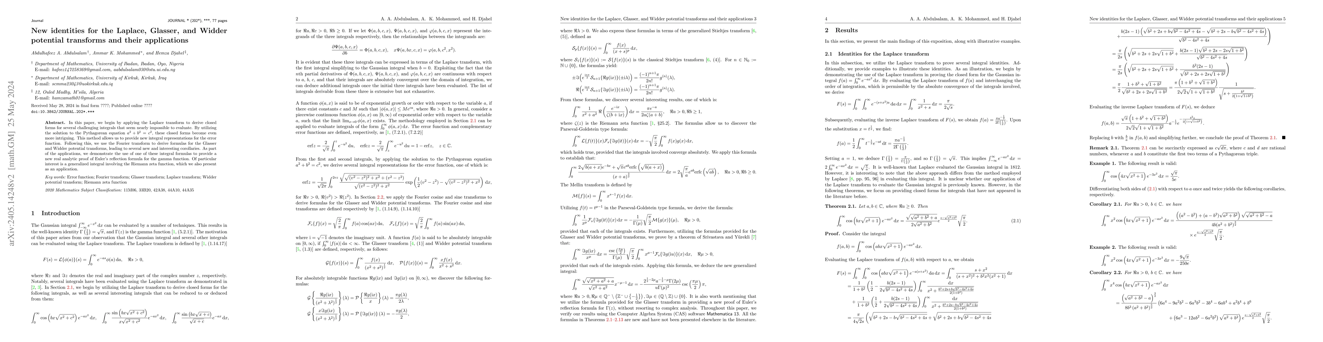 Thumbnail for New identities for the Laplace, Glasser, and Widder potential transforms
  and their applications