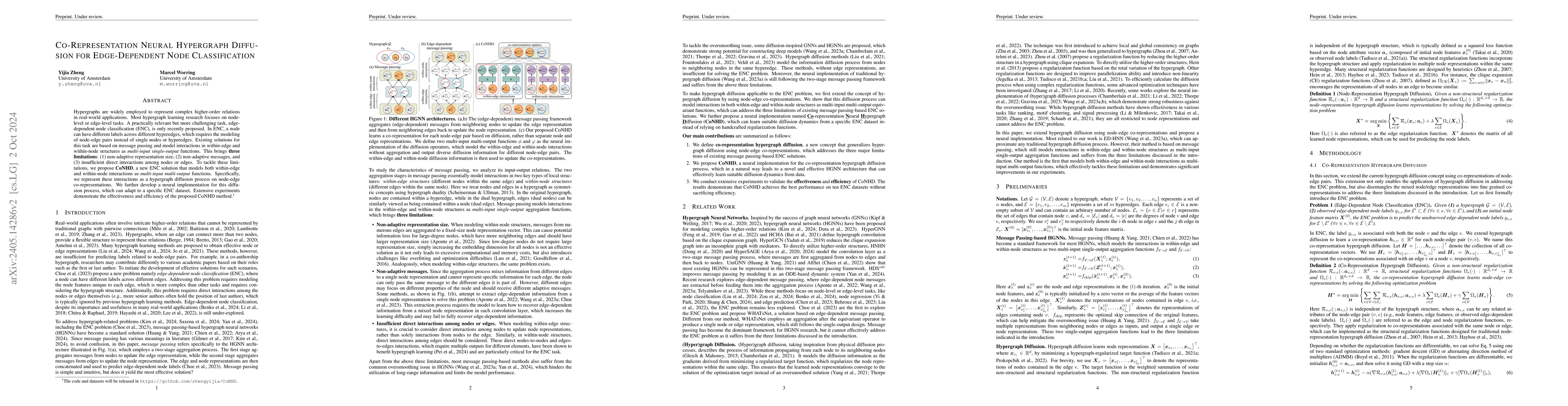 Thumbnail for Co-Representation Neural Hypergraph Diffusion for Edge-Dependent Node
  Classification