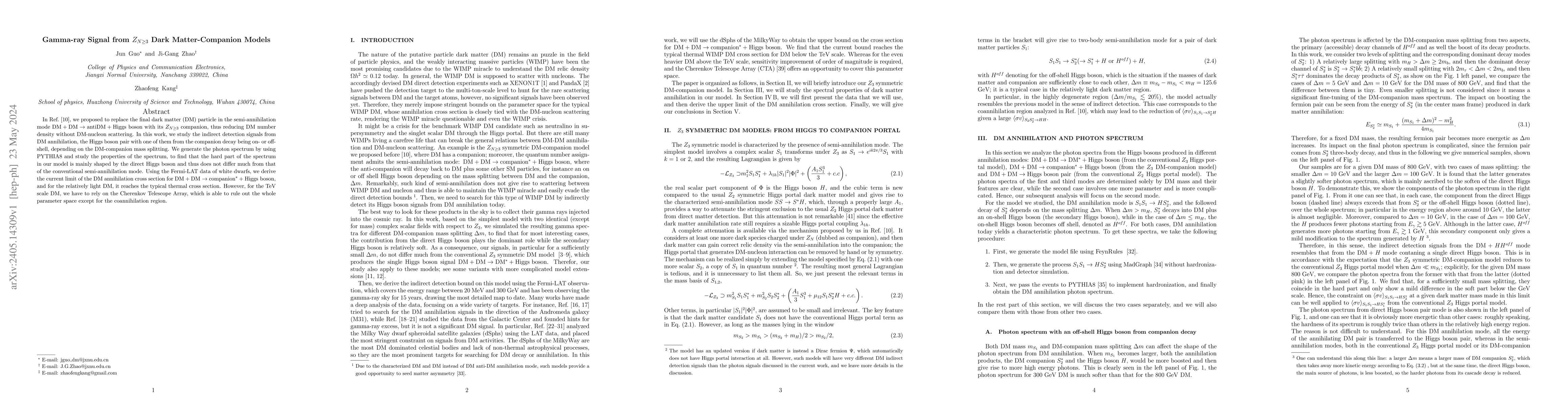 Thumbnail for Gamma-ray Signal from $Z_{N\geq 3}$ Dark Matter-Companion Models