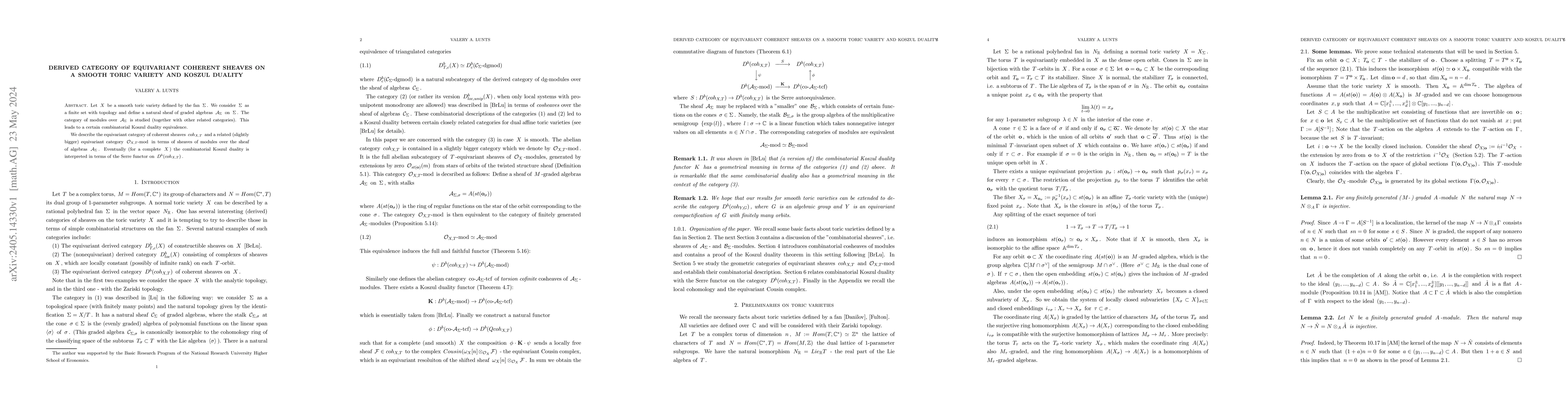 Thumbnail for Derived category of equivariant coherent sheaves on a smooth toric
  variety and Koszul duality