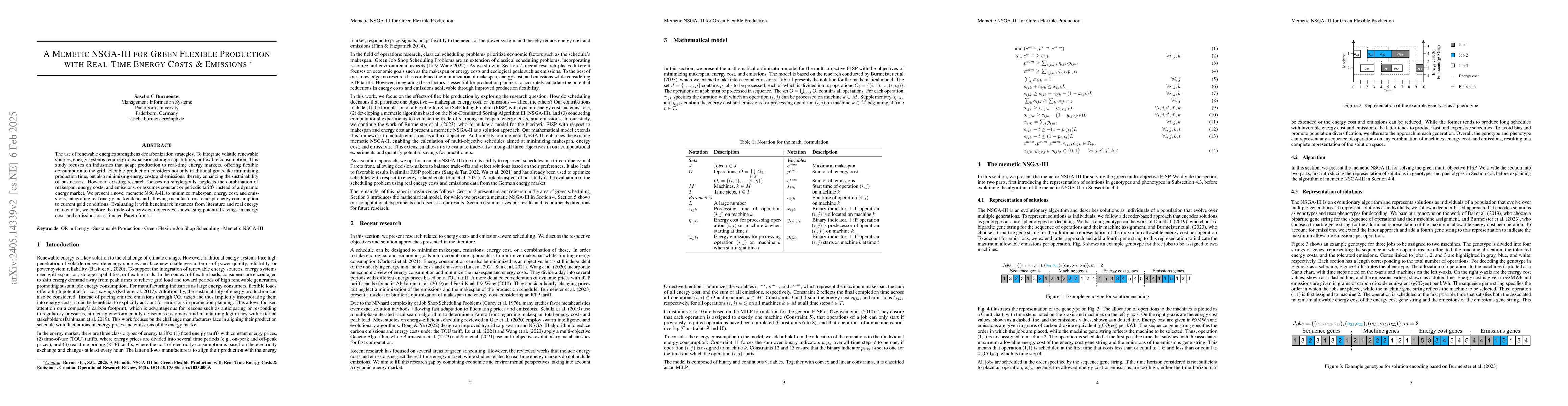 Thumbnail for Green Multi-Objective Scheduling -- A memetic NSGA-III for flexible
  production with real-time energy cost and emissions