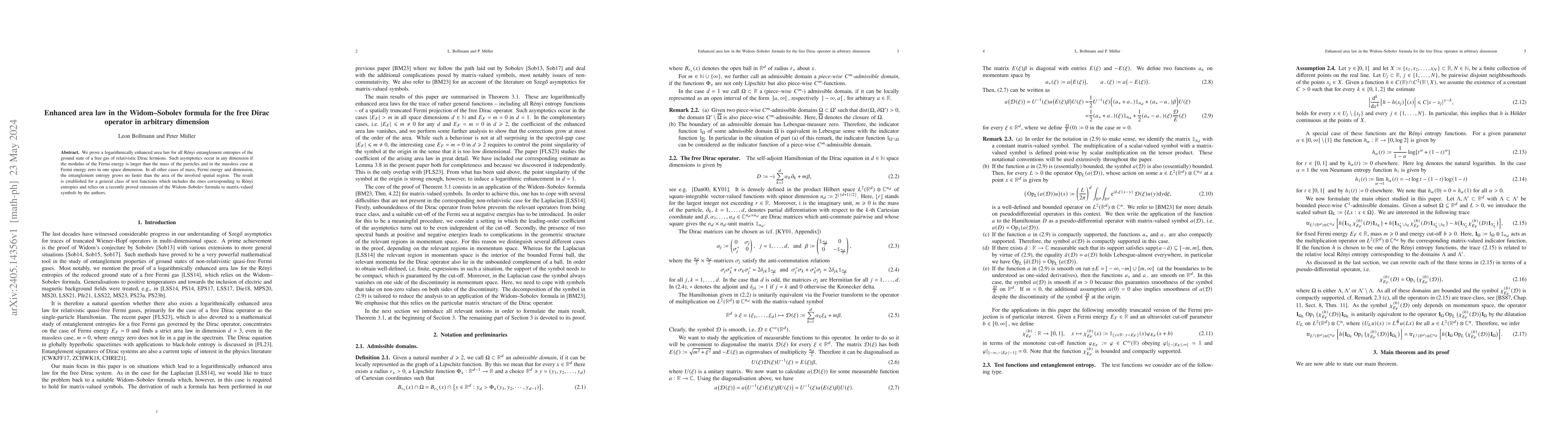 Thumbnail for Enhanced area law in the Widom-Sobolev formula for the free Dirac
  operator in arbitrary dimension