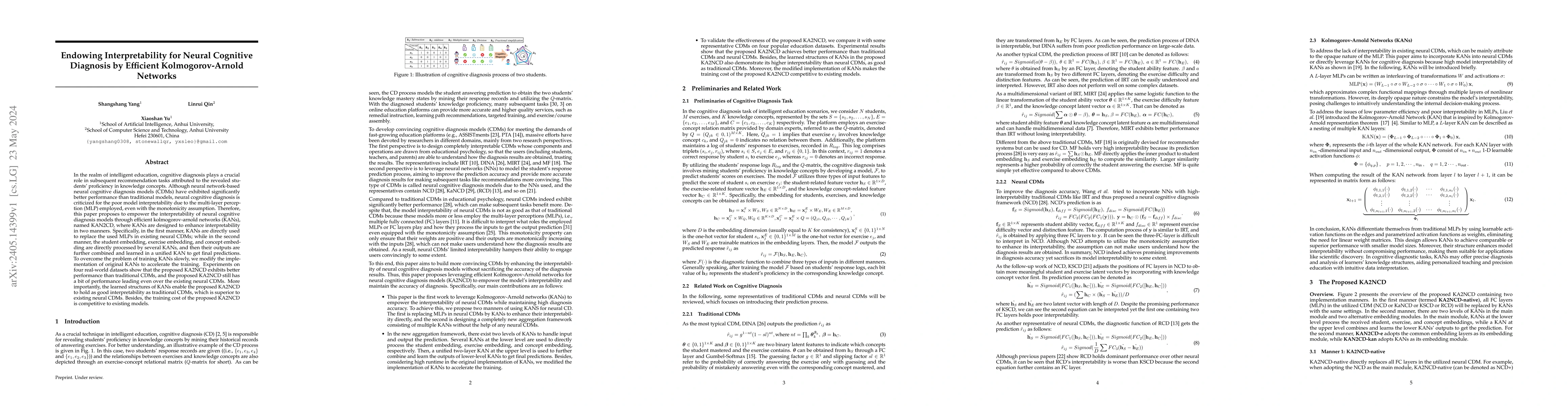 Thumbnail for Endowing Interpretability for Neural Cognitive Diagnosis by Efficient
  Kolmogorov-Arnold Networks