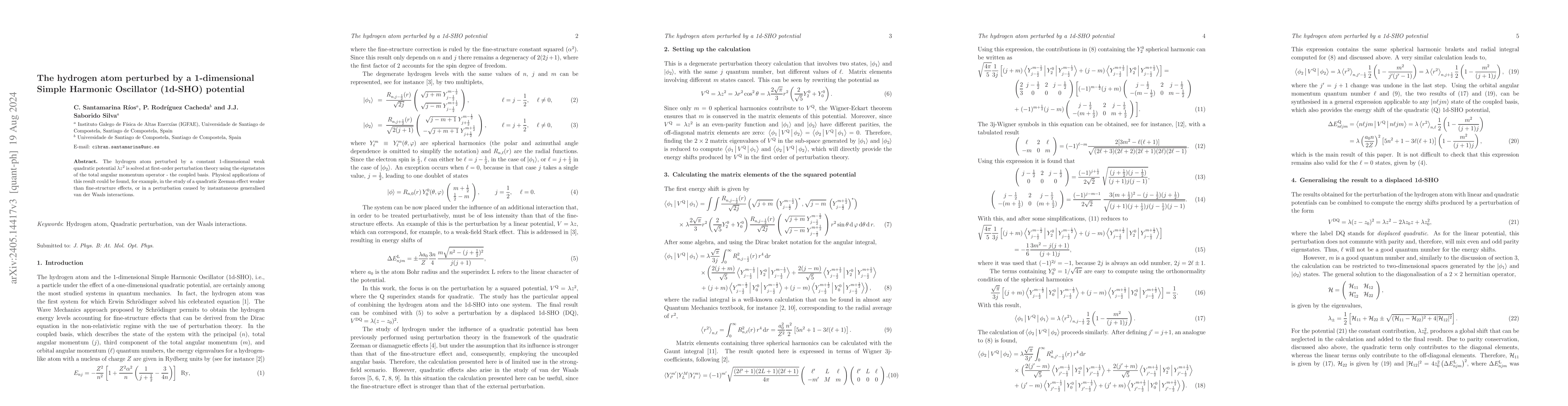 Thumbnail for The hydrogen atom perturbed by a 1-dimensional Simple Harmonic
  Oscillator (1d-SHO) potential