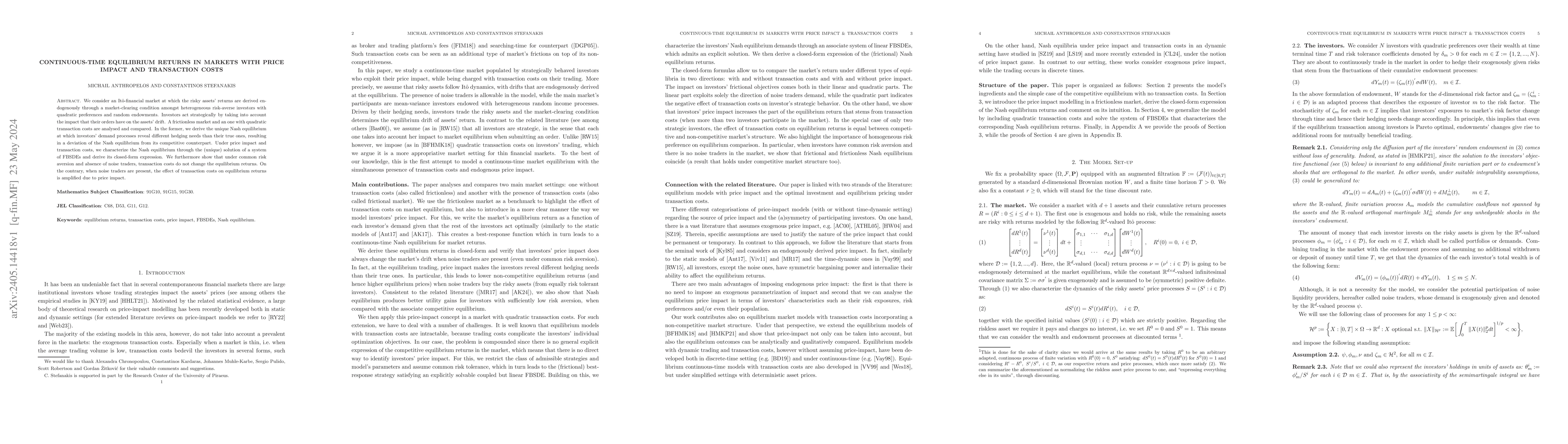 Thumbnail for Continuous-time Equilibrium Returns in Markets with Price Impact and
  Transaction Costs