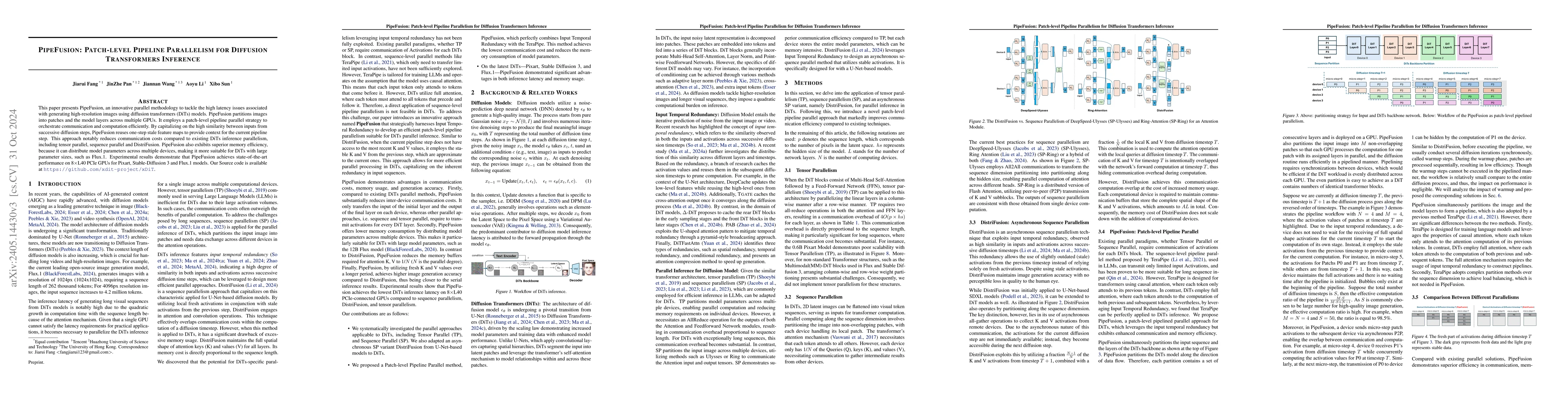 Thumbnail for PipeFusion: Displaced Patch Pipeline Parallelism for Inference of
  Diffusion Transformer Models