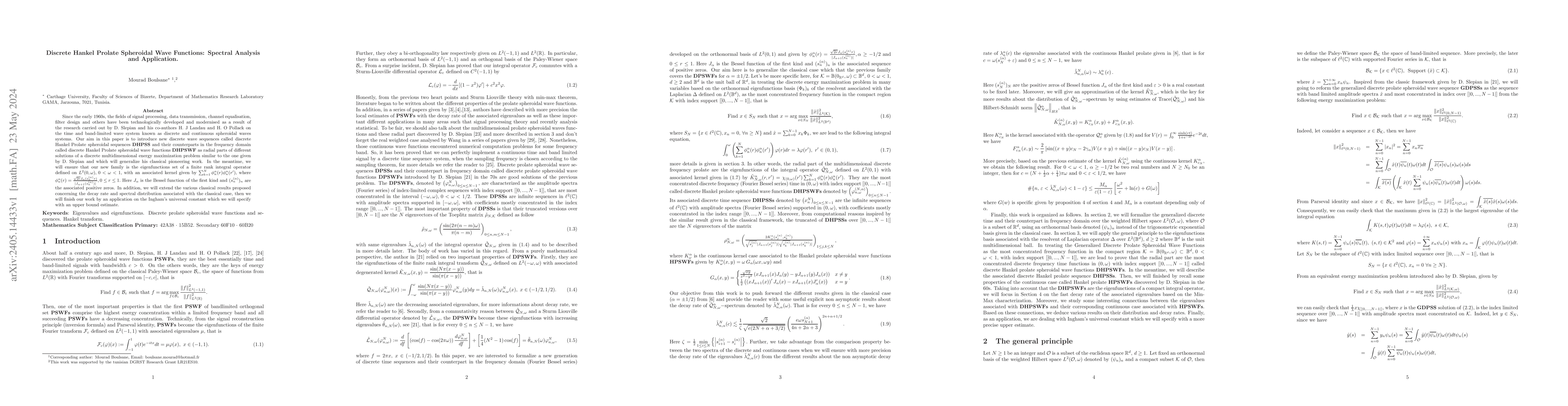 Thumbnail for Discrete Hankel Prolate Spheroidal Wave Functions: Spectral Analysis and
  Application