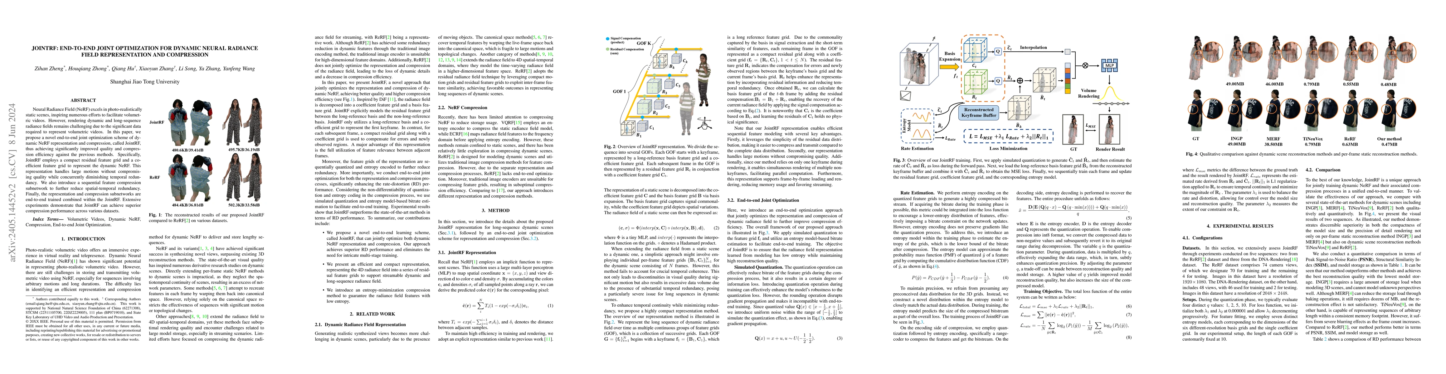 Thumbnail for JointRF: End-to-End Joint Optimization for Dynamic Neural Radiance Field
  Representation and Compression
