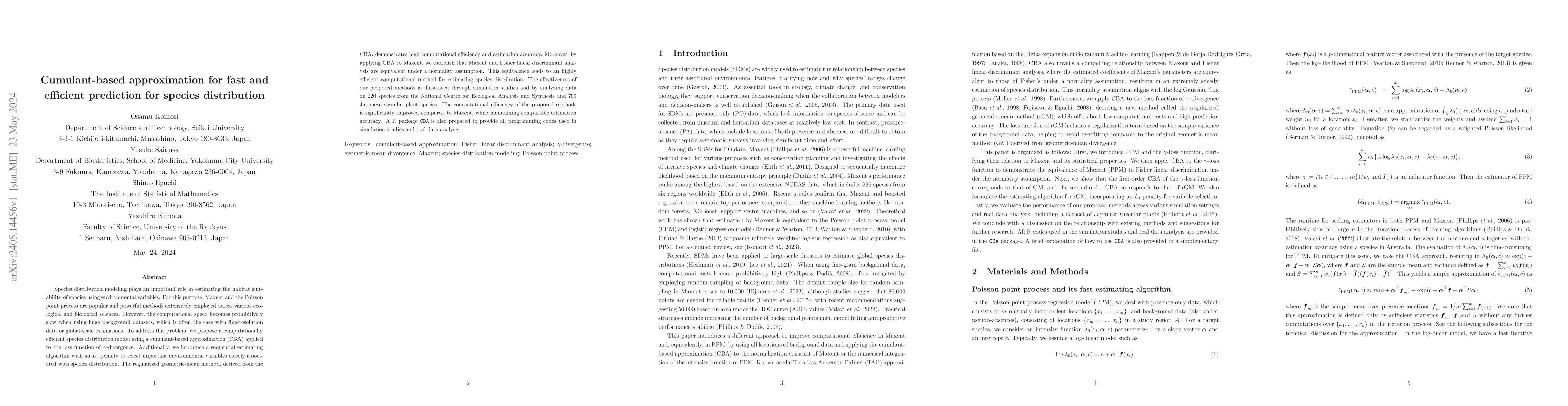 Thumbnail for Cumulant-based approximation for fast and efficient prediction for
  species distribution
