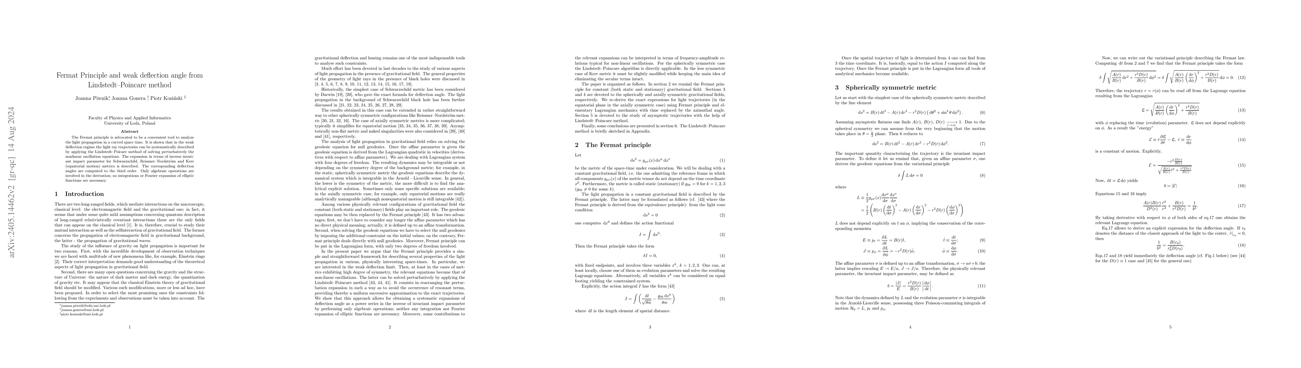 Thumbnail for Fermat Principle and weak deflection angle from Lindstedt-Poincare
  method